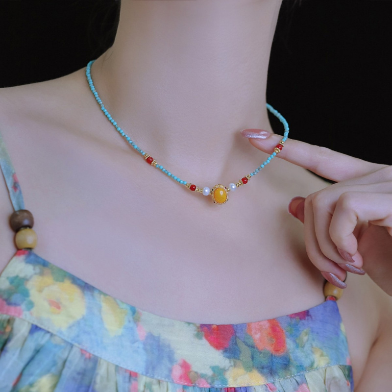 Pearl Choker Necklace Vintage - Nowa Kolekcja Vintage Niebieski Turkus i